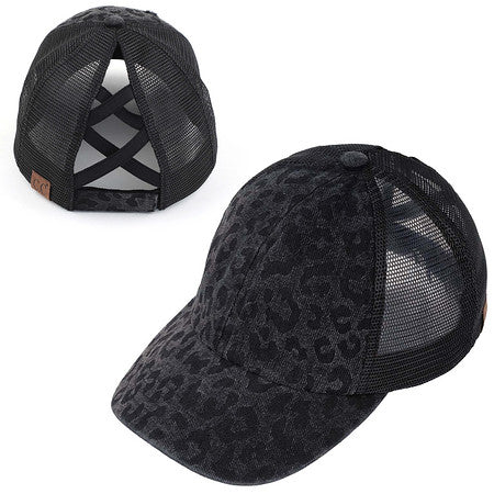 Leopard Criss Cross Ponytail Hat by Funky Junque
