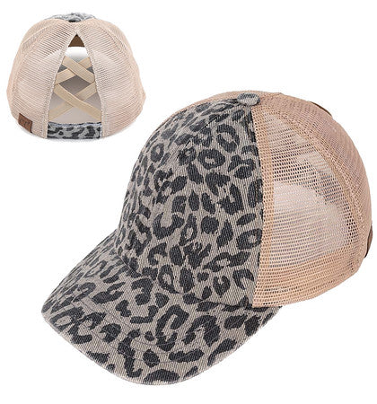 Leopard Criss Cross Ponytail Hat by Funky Junque