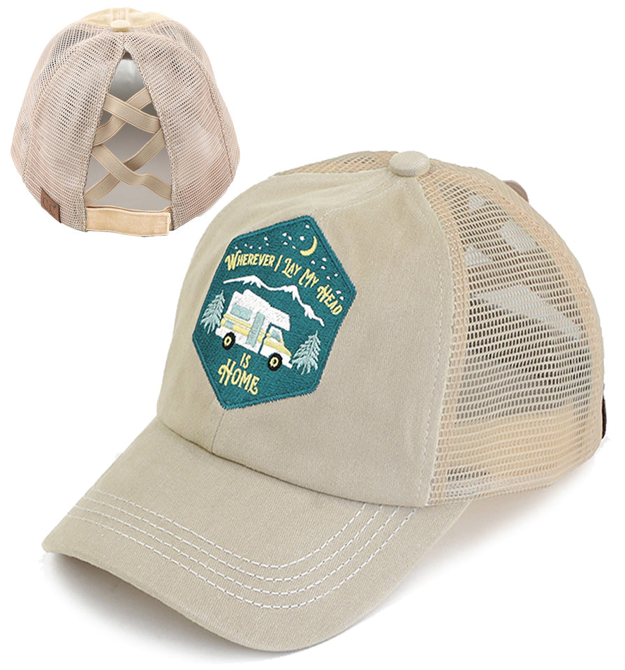 Wherever I Lay My Head is Home Criss Cross Ponytail Hat by Funky Junque