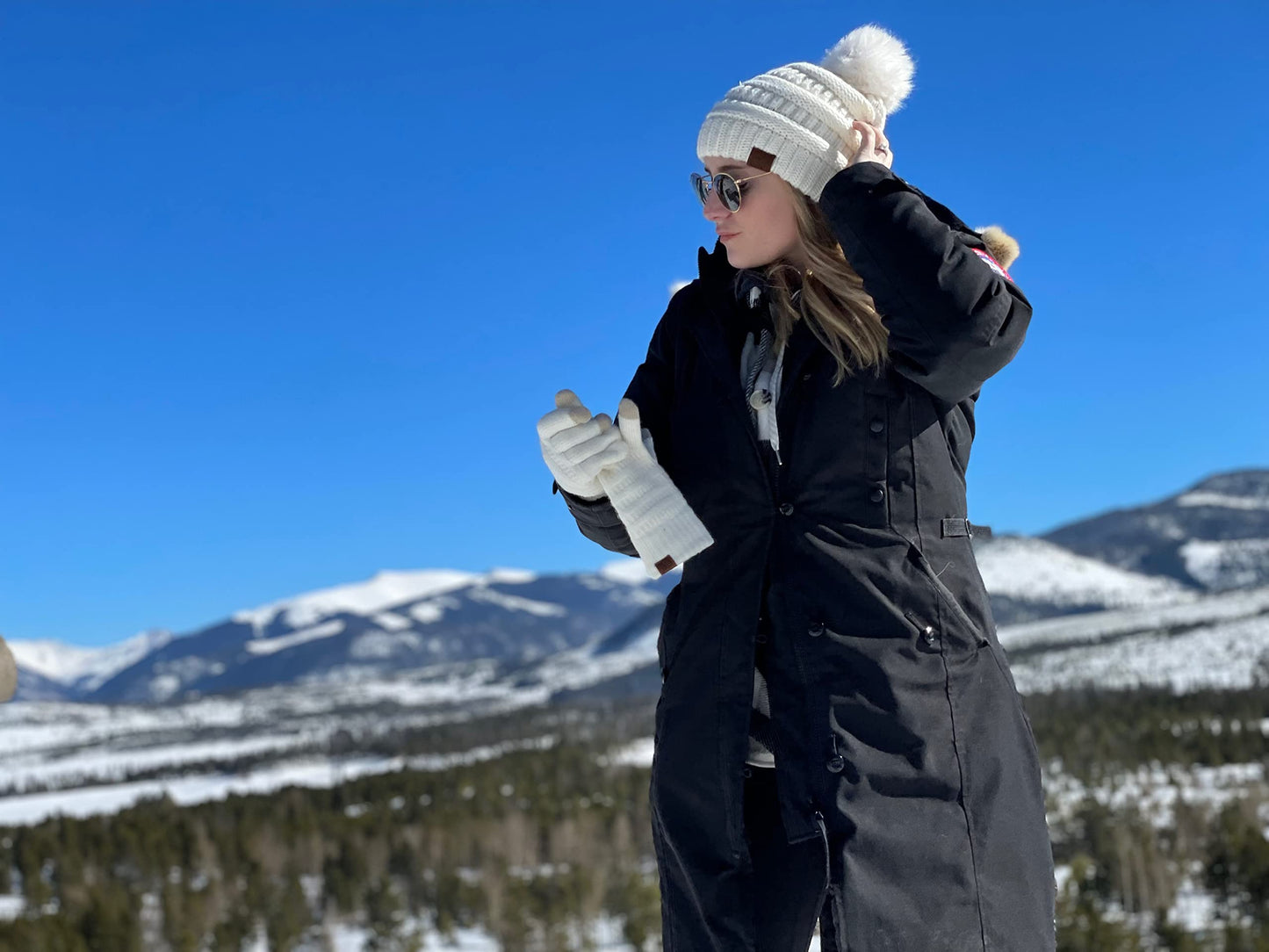 Ribbed Cable Knit Matching Faux Fur Pom Beanie