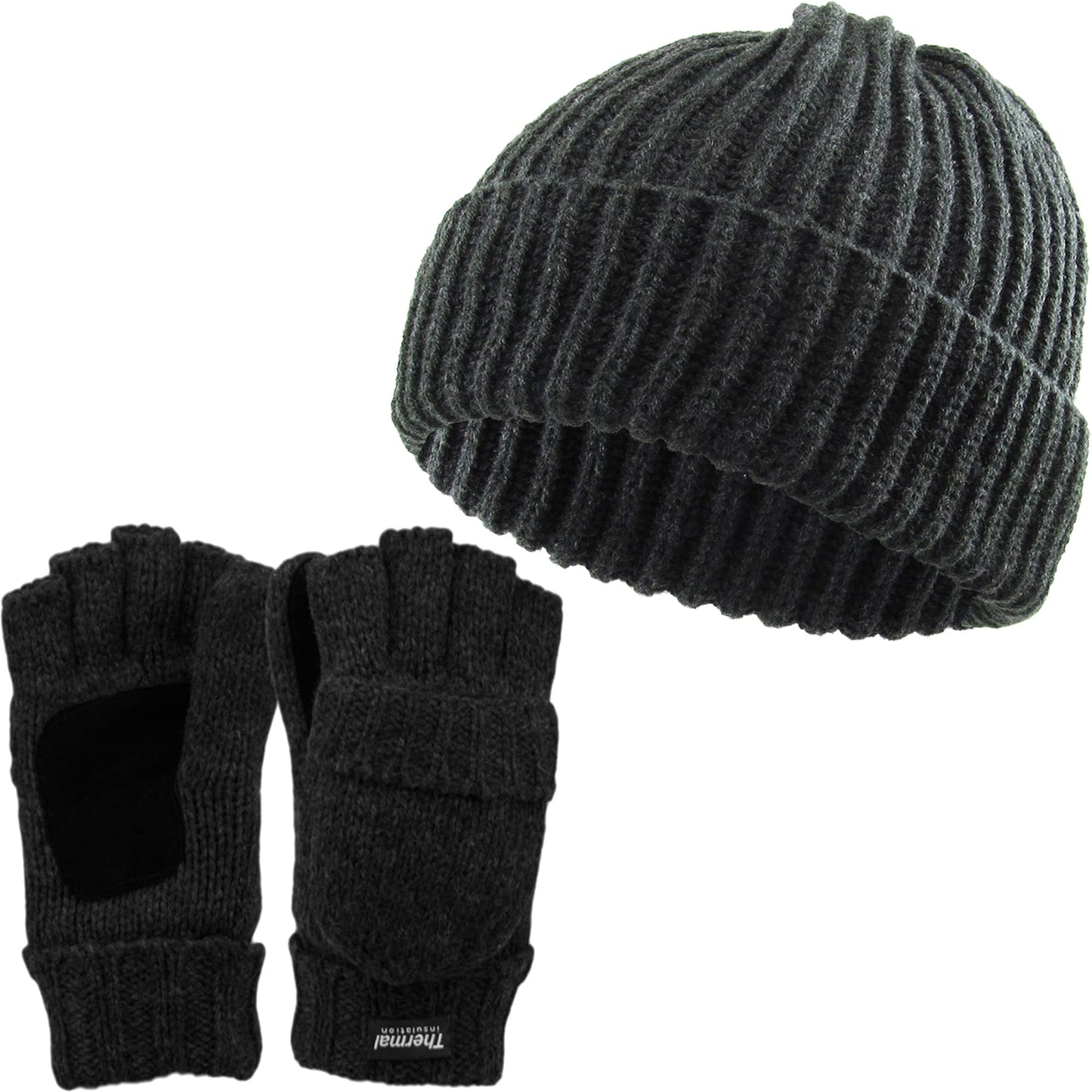 Ribbed Beanie & Convertible Gloves/Mittens Set by Funky Junque