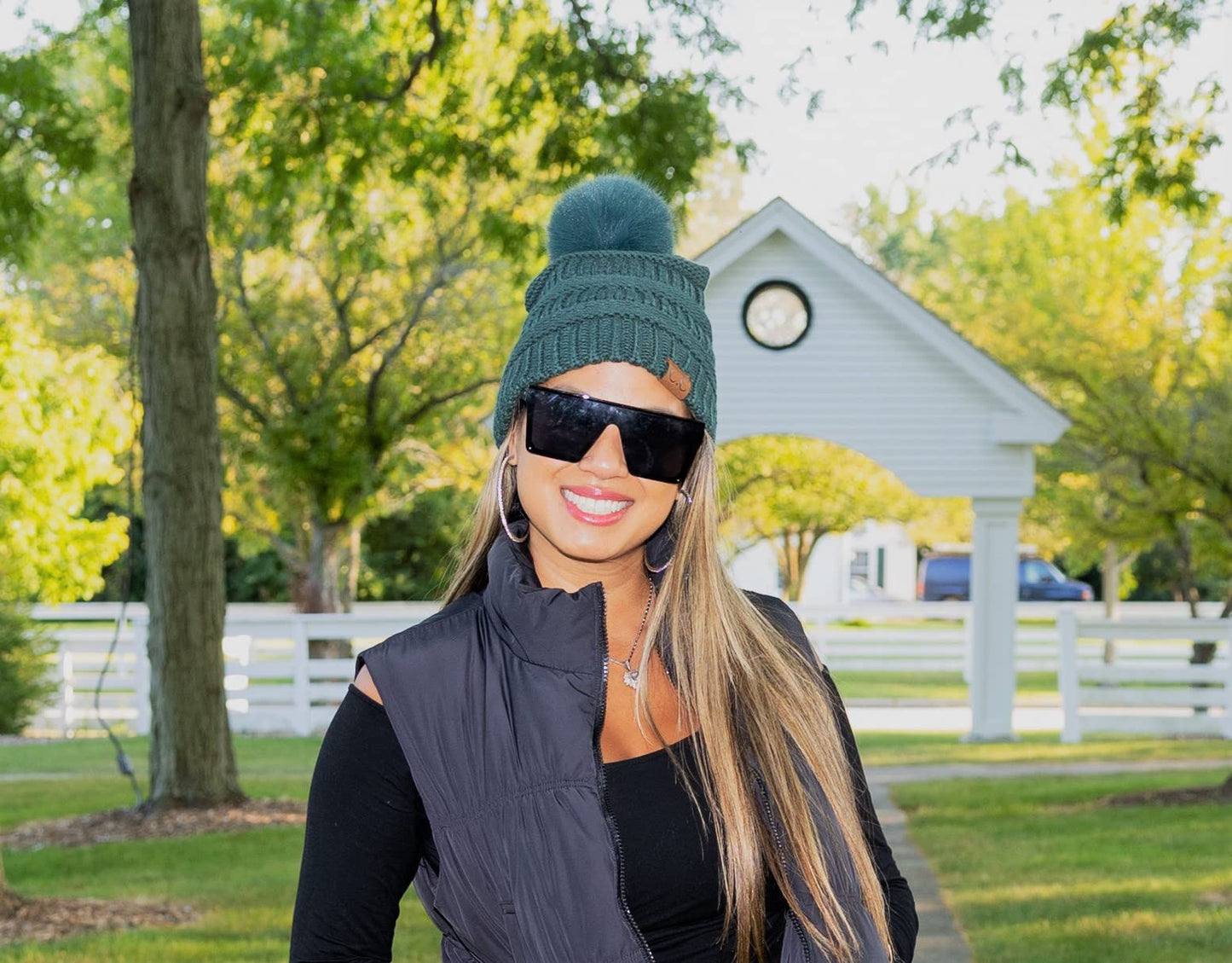 Ribbed Cable Knit Matching Faux Fur Pom Beanie