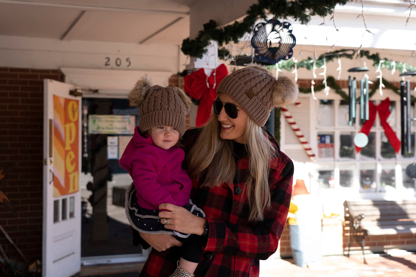 Funky Junque Matching Double Pom Pom Beanies Women, Toddler, Infant 2 Pack Bundles Warm Winter Soft Hats