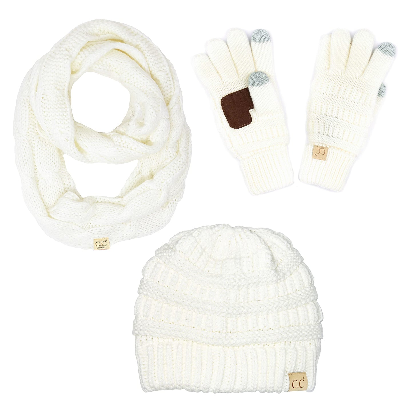 Kids 3 Pack Matching Set: Beanie, Infinity Scarf & Gloves - Ivory