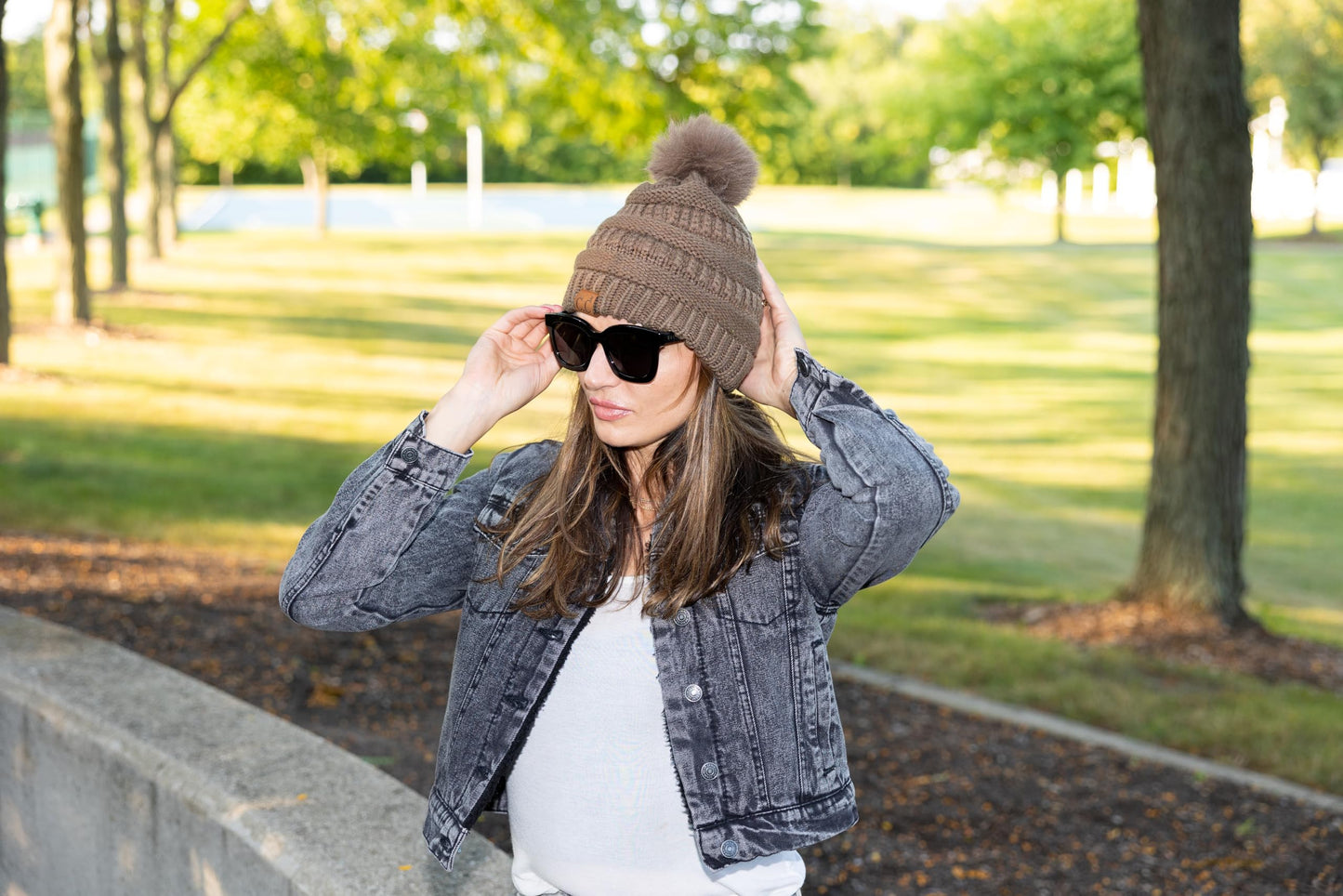 Ribbed Cable Knit Matching Faux Fur Pom Beanie