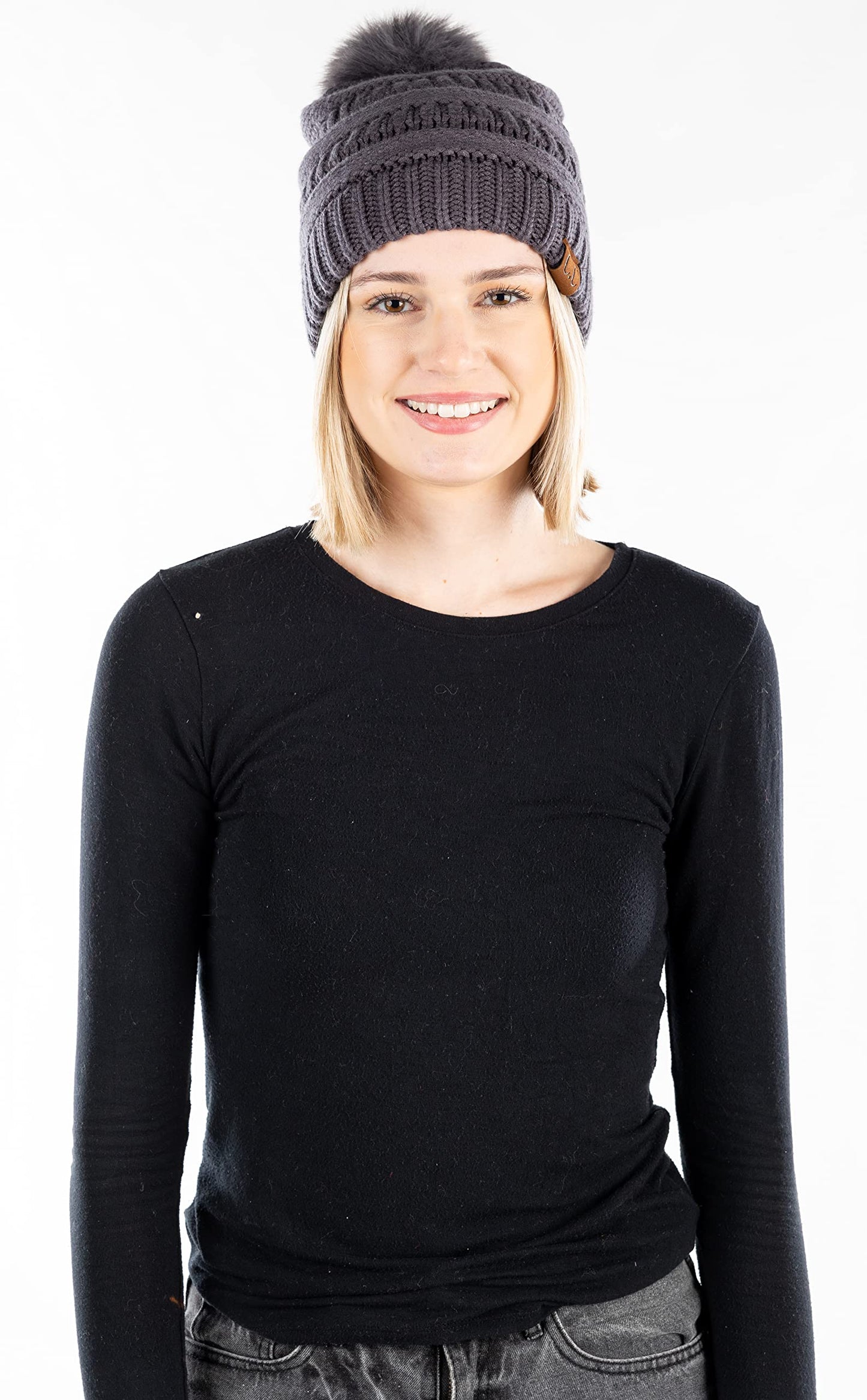 Ribbed Cable Knit Matching Faux Fur Pom Beanie