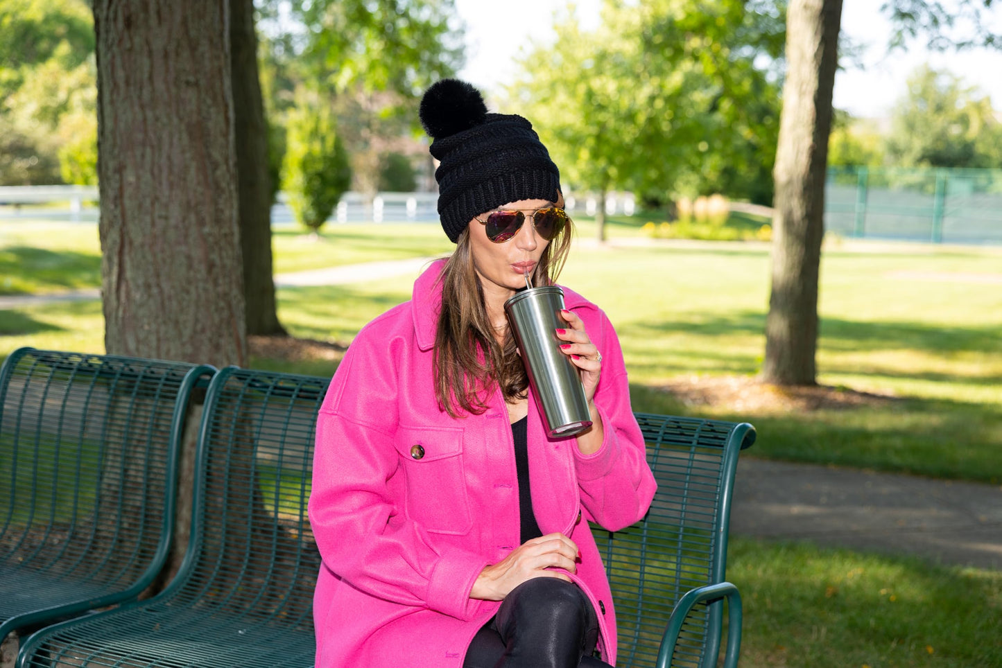 Ribbed Cable Knit Matching Faux Fur Pom Beanie