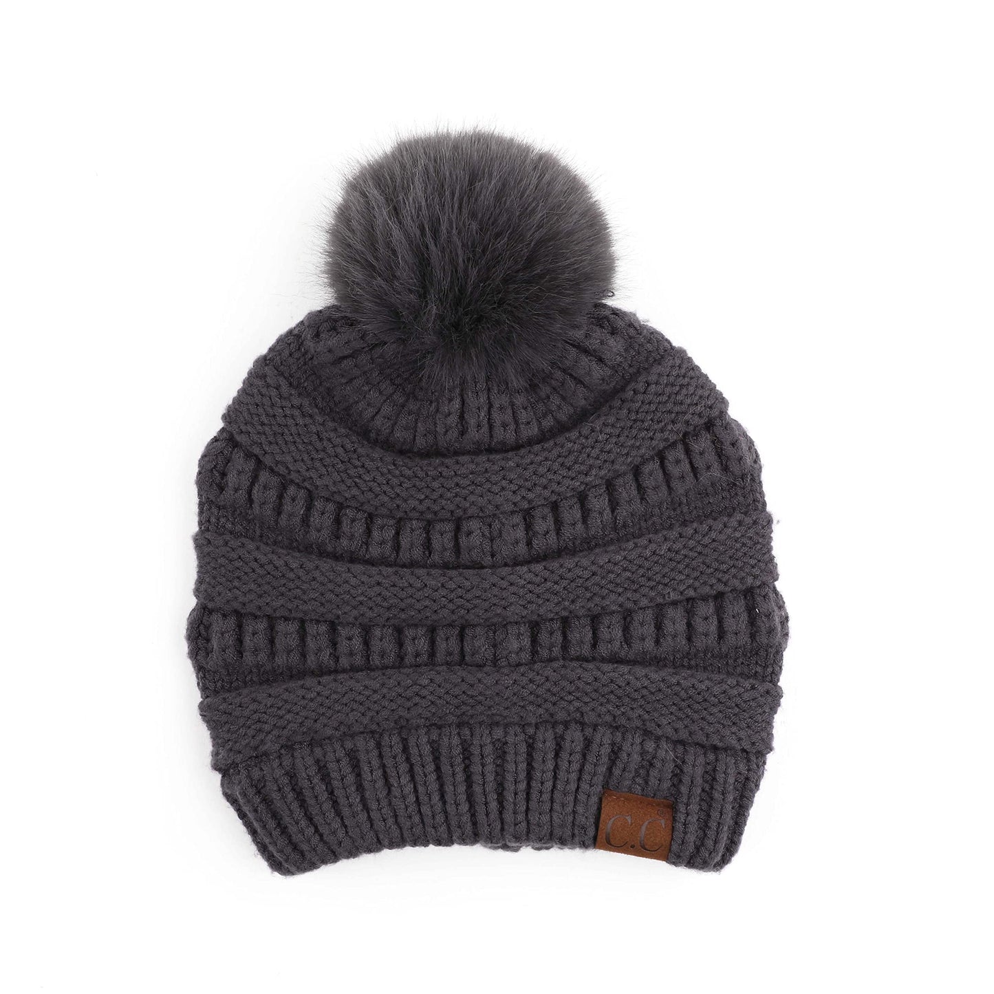 Ribbed Cable Knit Matching Faux Fur Pom Beanie