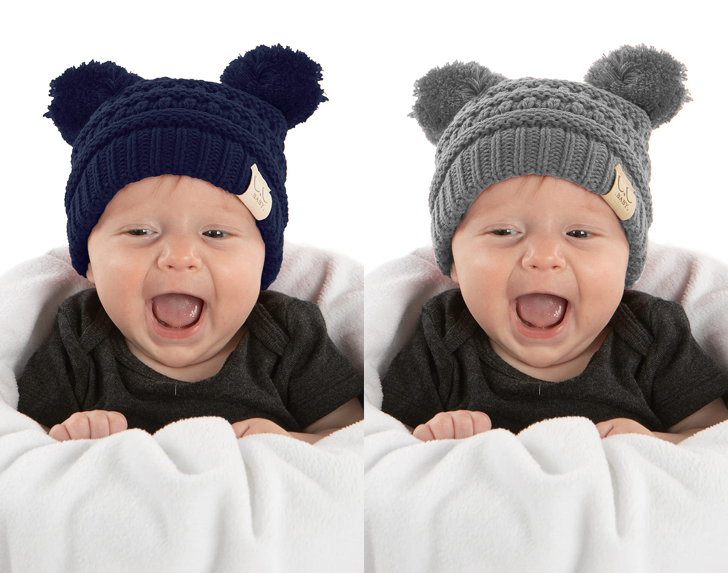 Funky Junque Baby Beanie - Navy & Heather Grey Double POM (2 Pack)