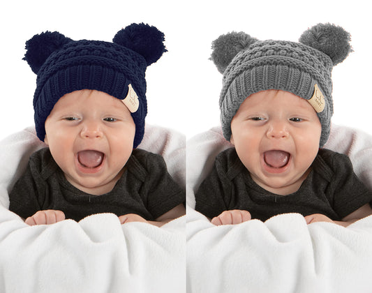 Funky Junque Baby Beanie - Navy & Heather Grey Double POM (2 Pack)