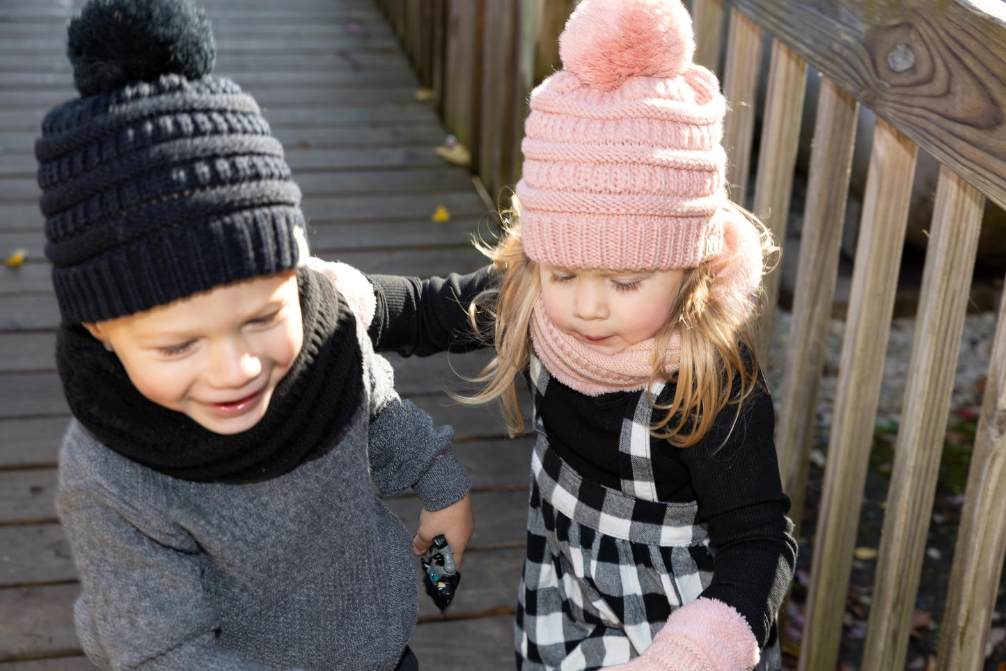 Kids Matching Pom Beanie, Neck Warmer & Mittens Set by Funky Junque