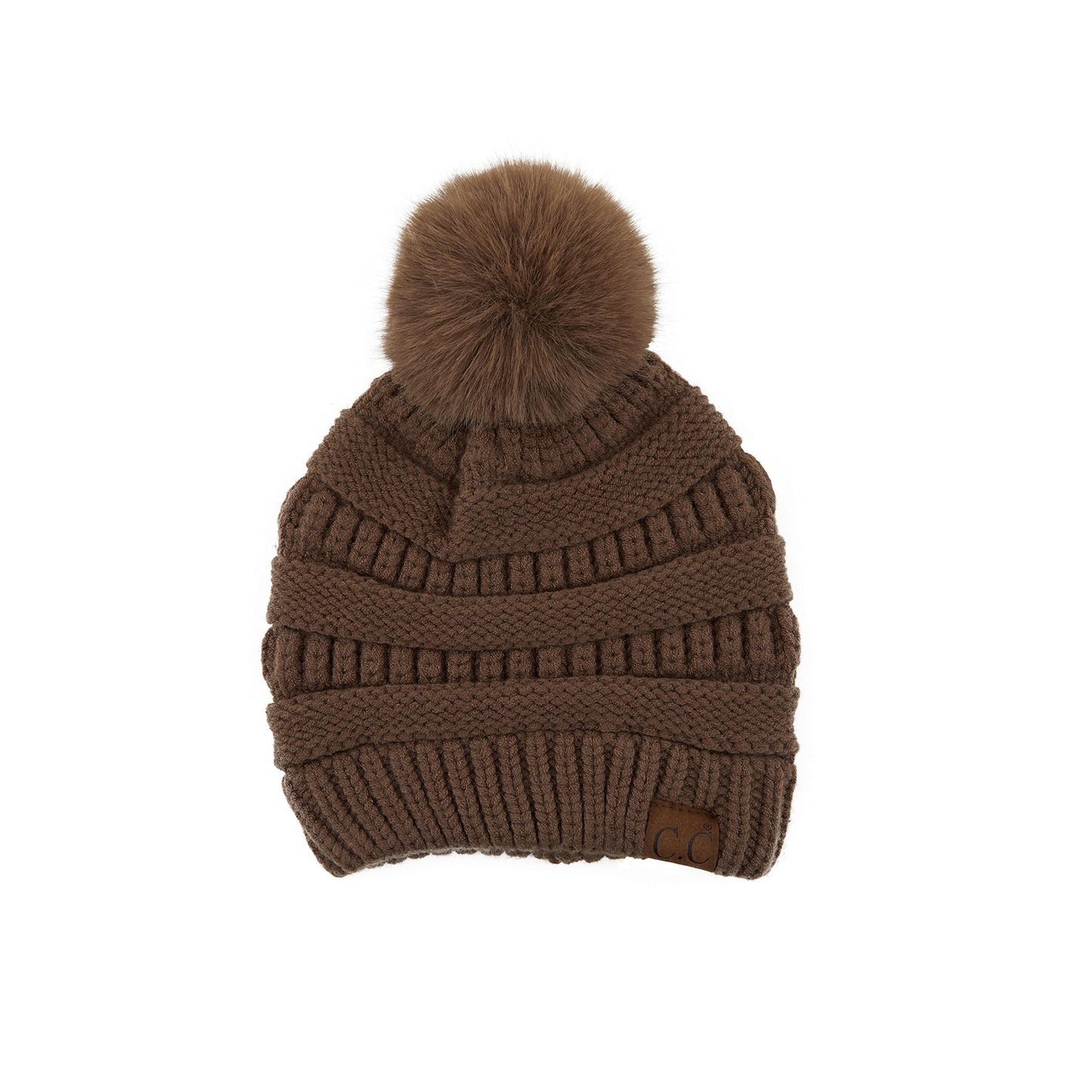 Ribbed Cable Knit Matching Faux Fur Pom Beanie