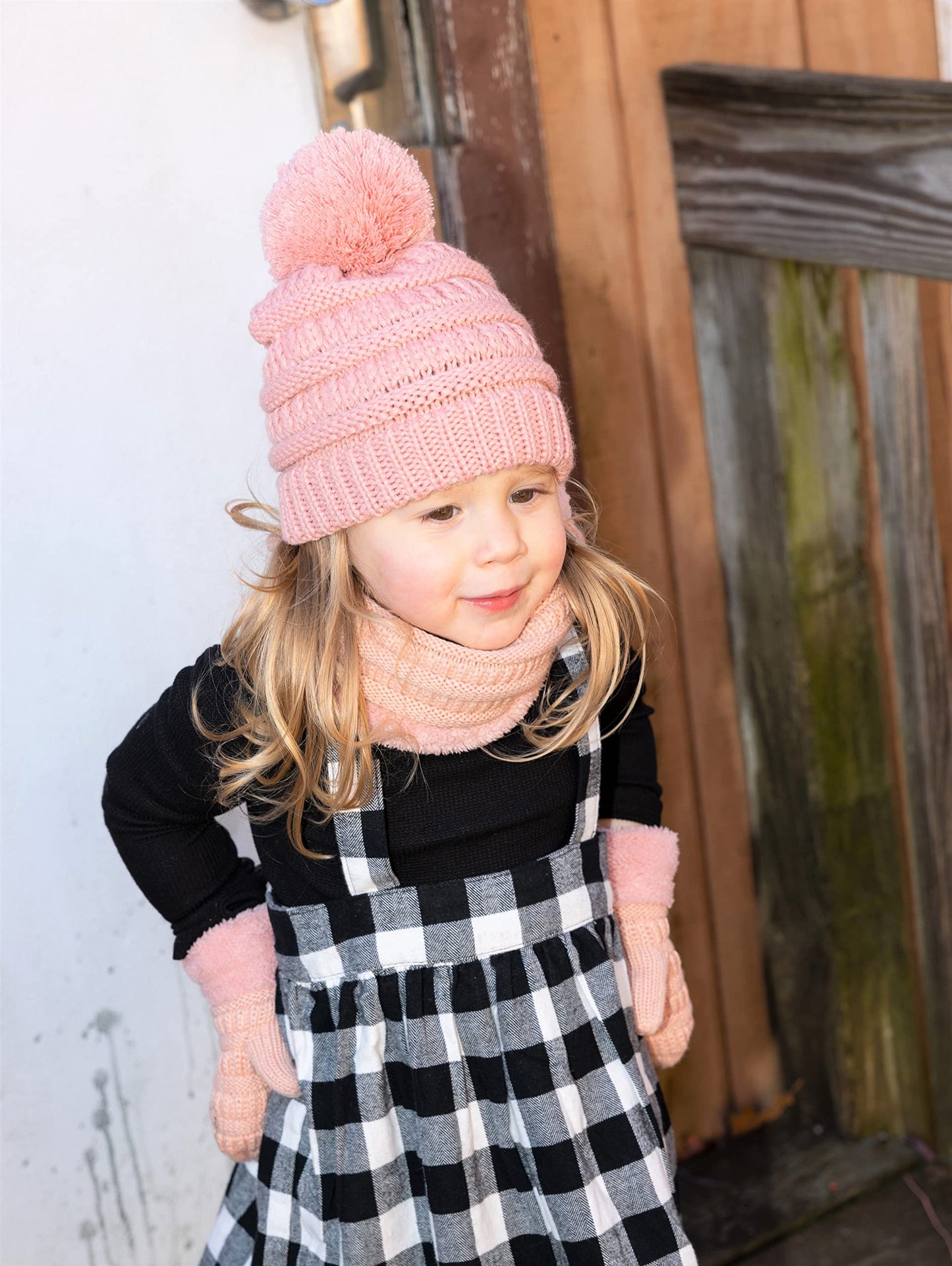 Kids Matching Pom Beanie, Neck Warmer & Mittens Set by Funky Junque