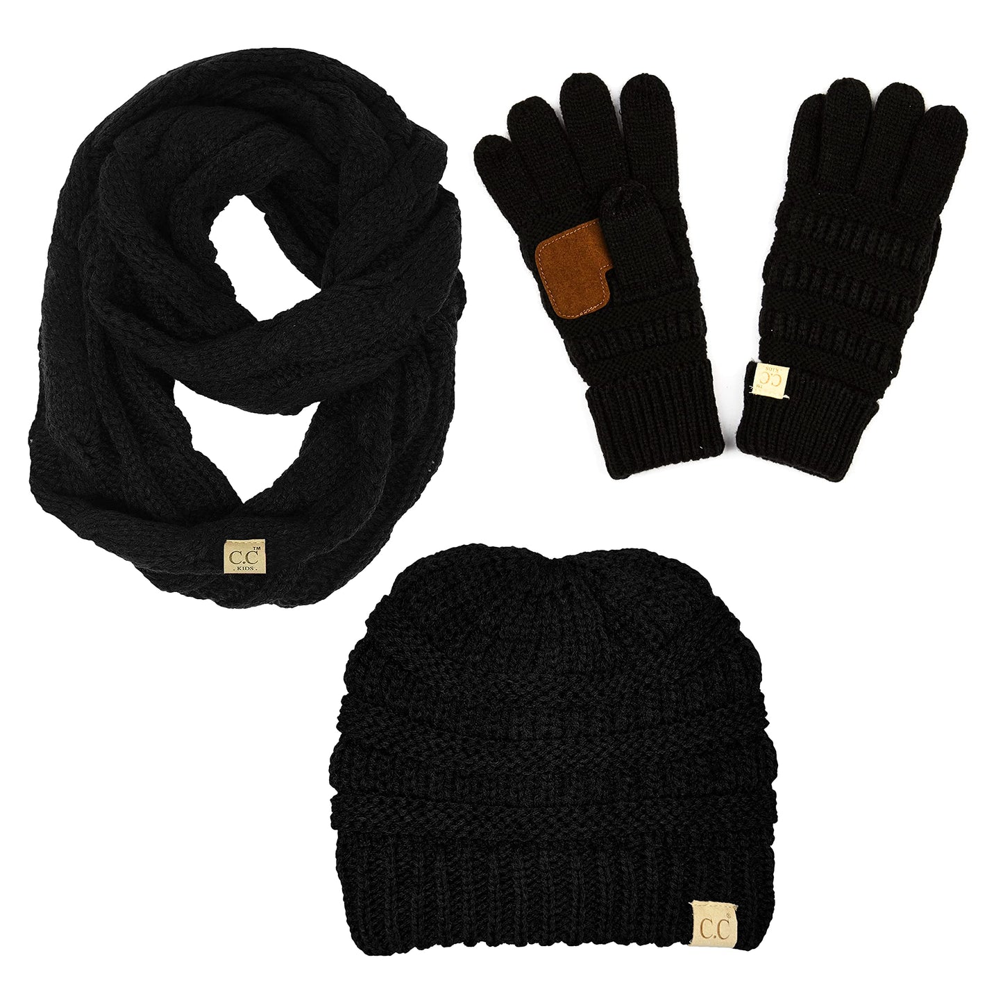 Kids 3 Pack Matching Set: Beanie, Infinity Scarf & Gloves - Black