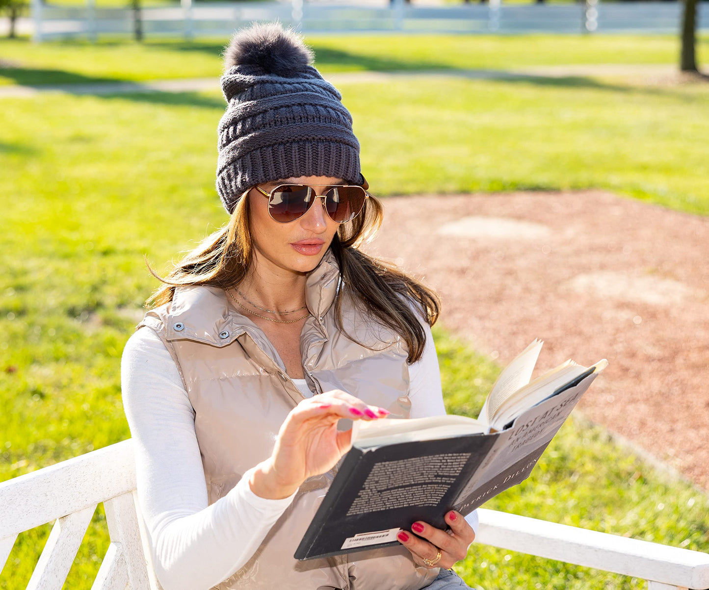 Ribbed Cable Knit Matching Faux Fur Pom Beanie