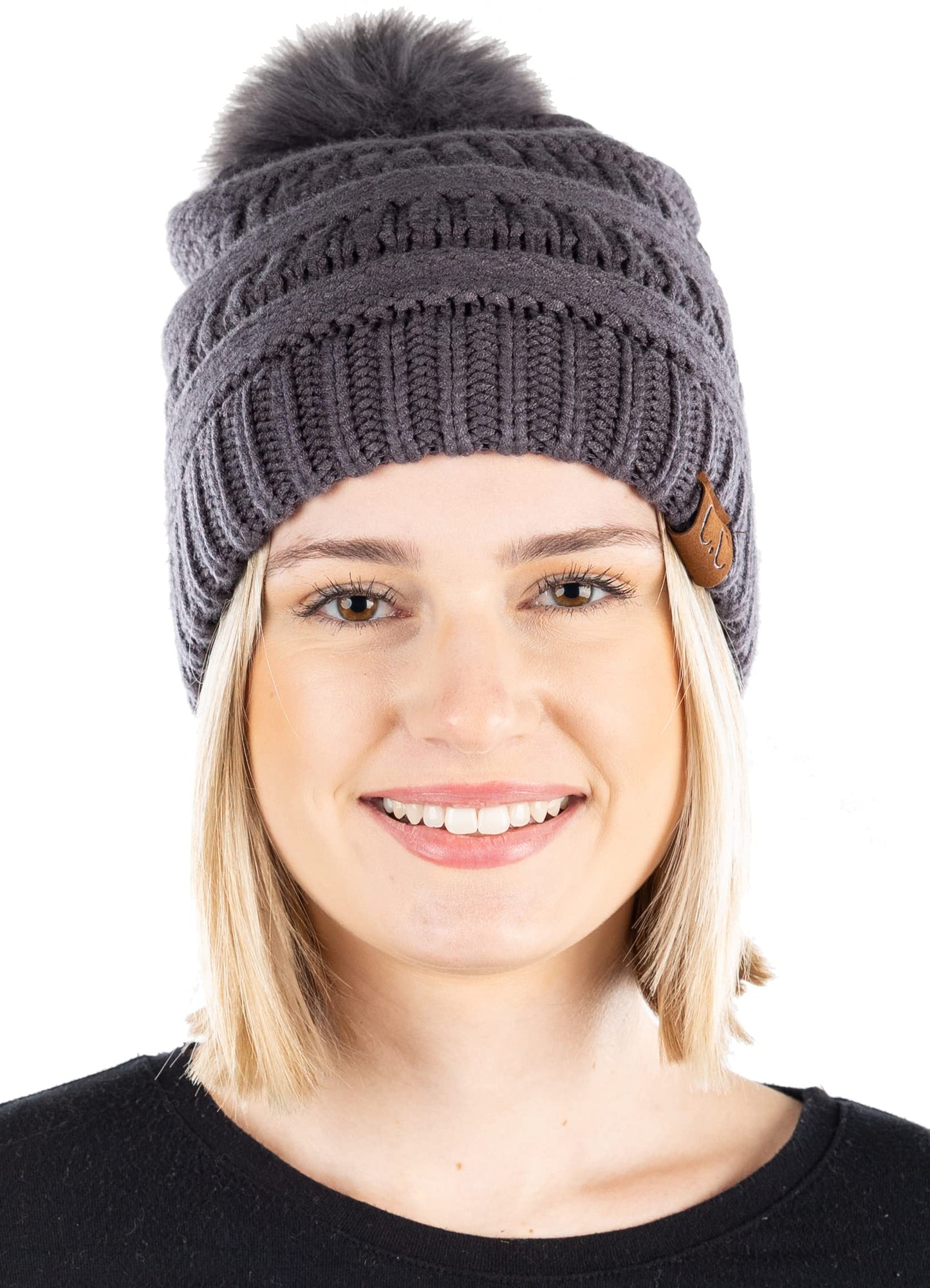 Ribbed Cable Knit Matching Faux Fur Pom Beanie