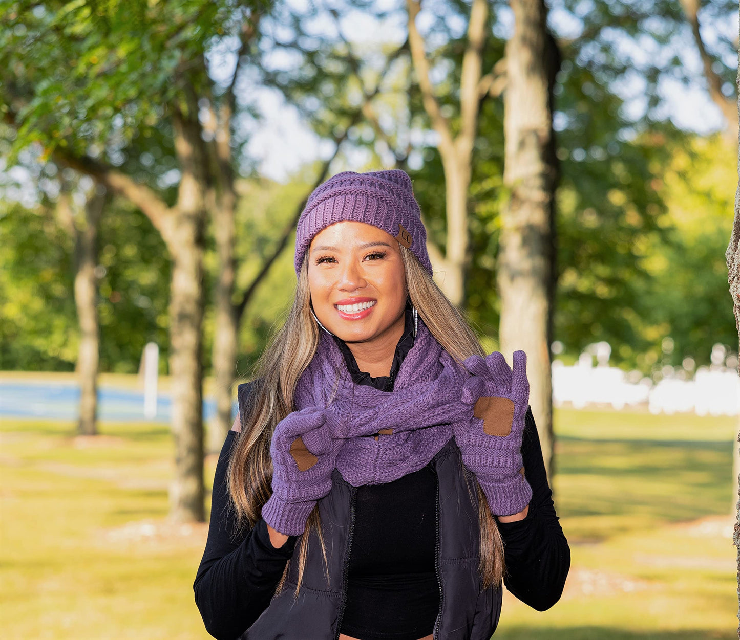 Matching 3 Pack: Pom Beanie, Infinity Scarf and Gloves Matching Set