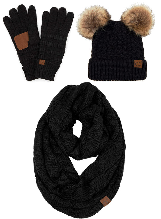 Double Pom Beanie, Infinity Scarf & Gloves Matching Set