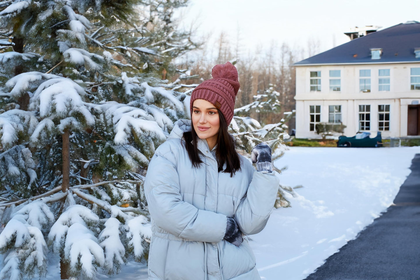 Ribbed Cable Knit Matching Faux Fur Pom Beanie