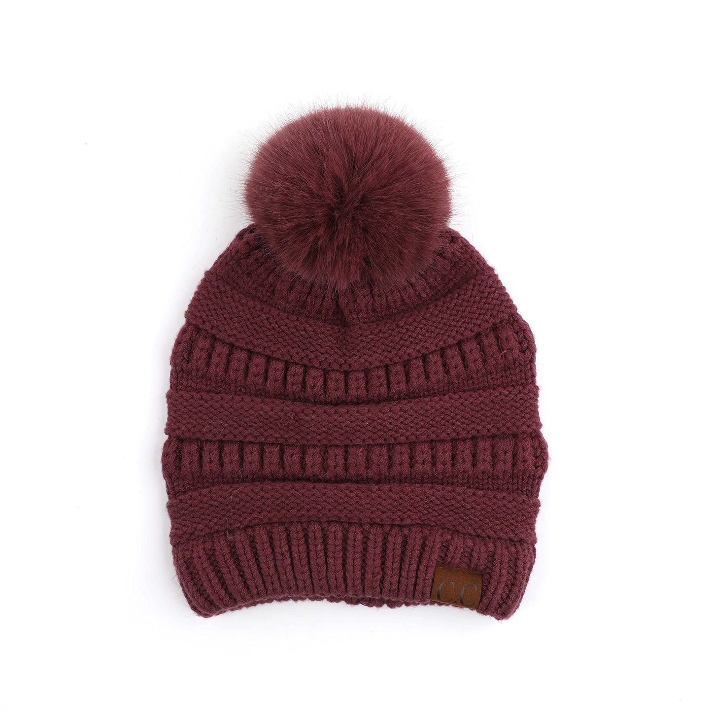 Ribbed Cable Knit Matching Faux Fur Pom Beanie