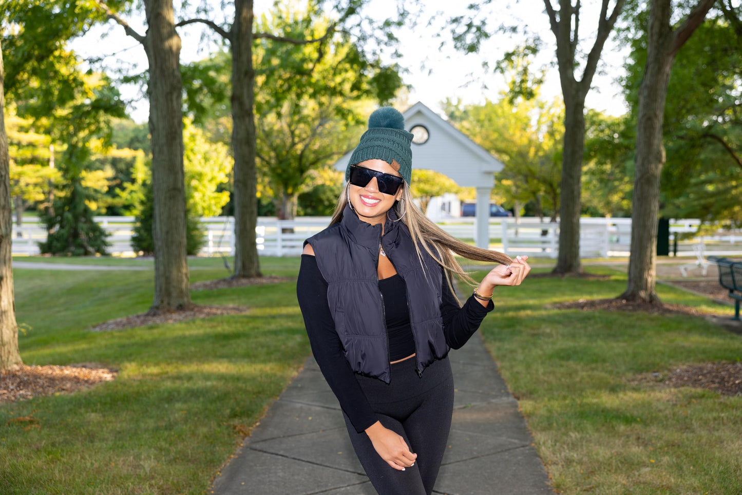 Ribbed Cable Knit Matching Faux Fur Pom Beanie