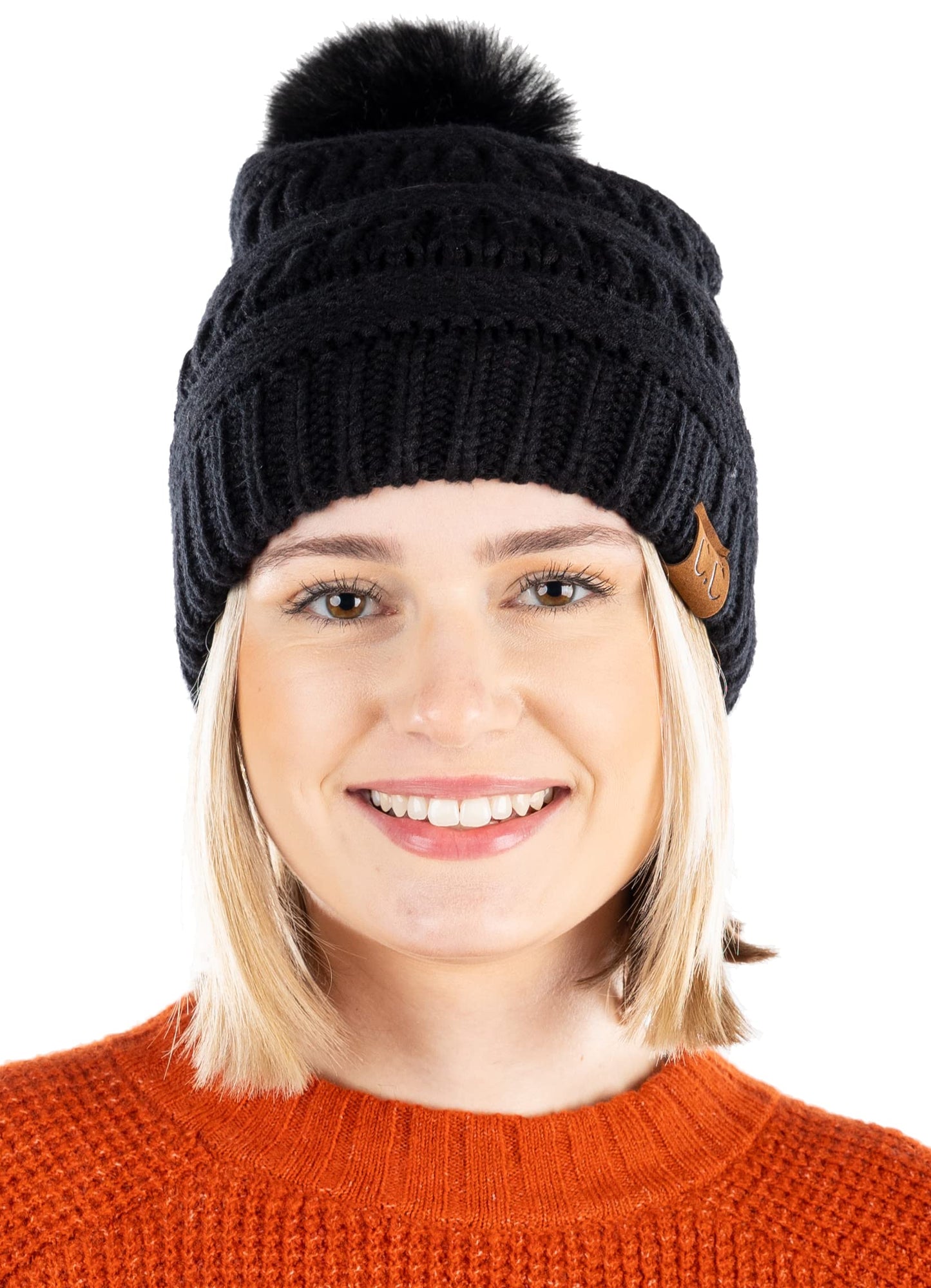 Ribbed Cable Knit Matching Faux Fur Pom Beanie