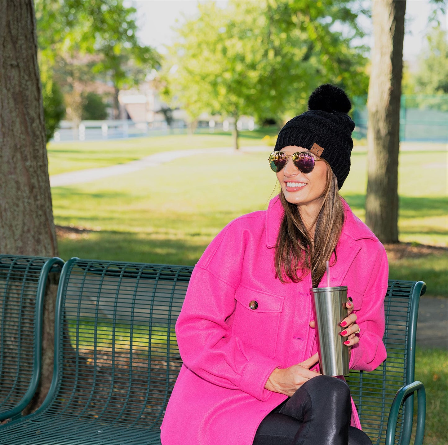 Ribbed Cable Knit Matching Faux Fur Pom Beanie