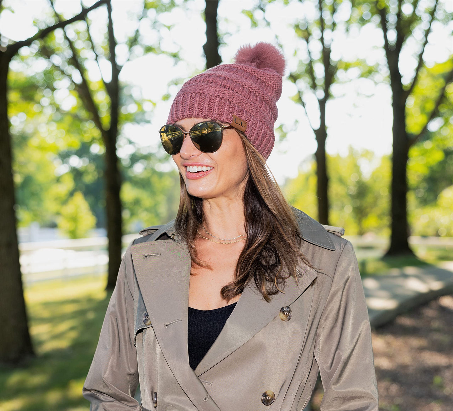 Ribbed Cable Knit Matching Faux Fur Pom Beanie