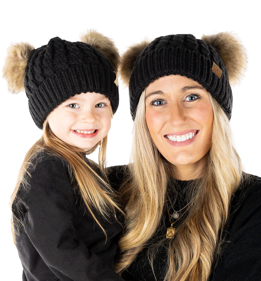 Funky Junque Matching Double Pom Pom Beanies Women, Toddler, Infant 2 Pack Bundles Warm Winter Soft Hats