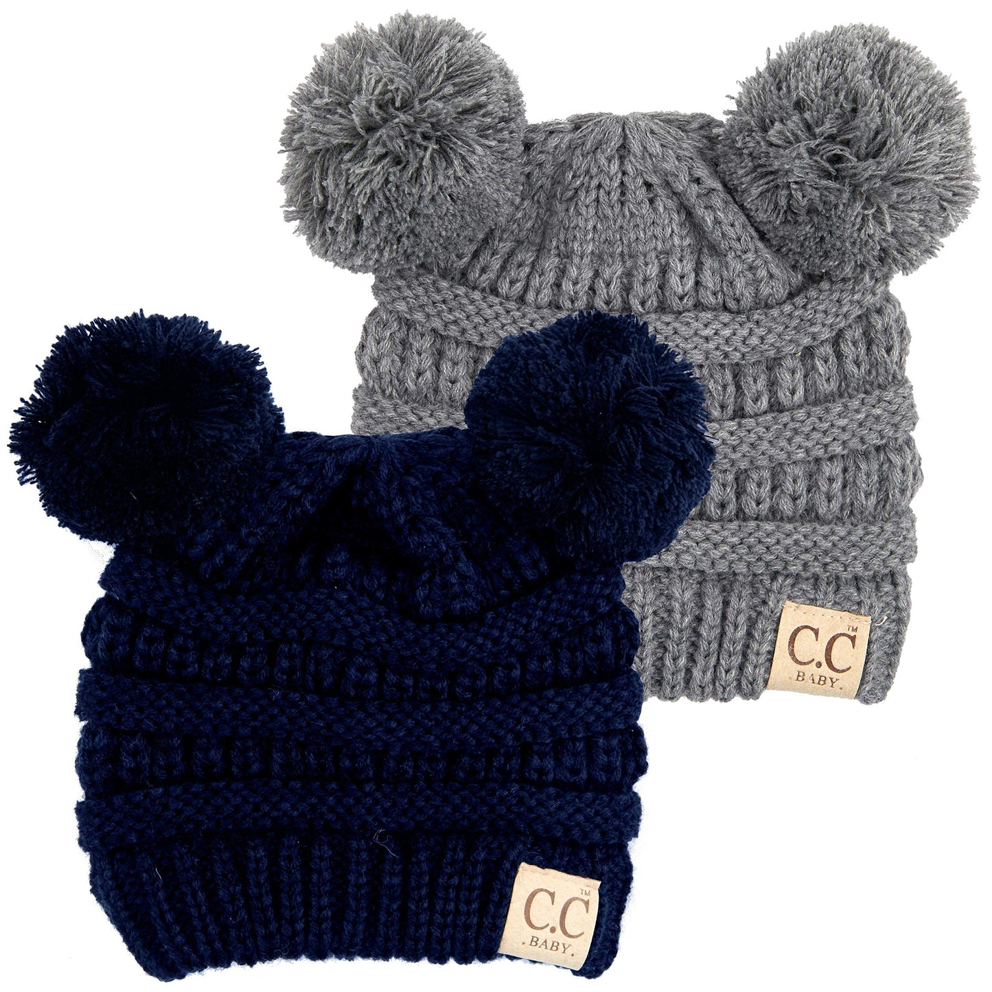 Funky Junque Baby Beanie - Navy & Heather Grey Double POM (2 Pack)