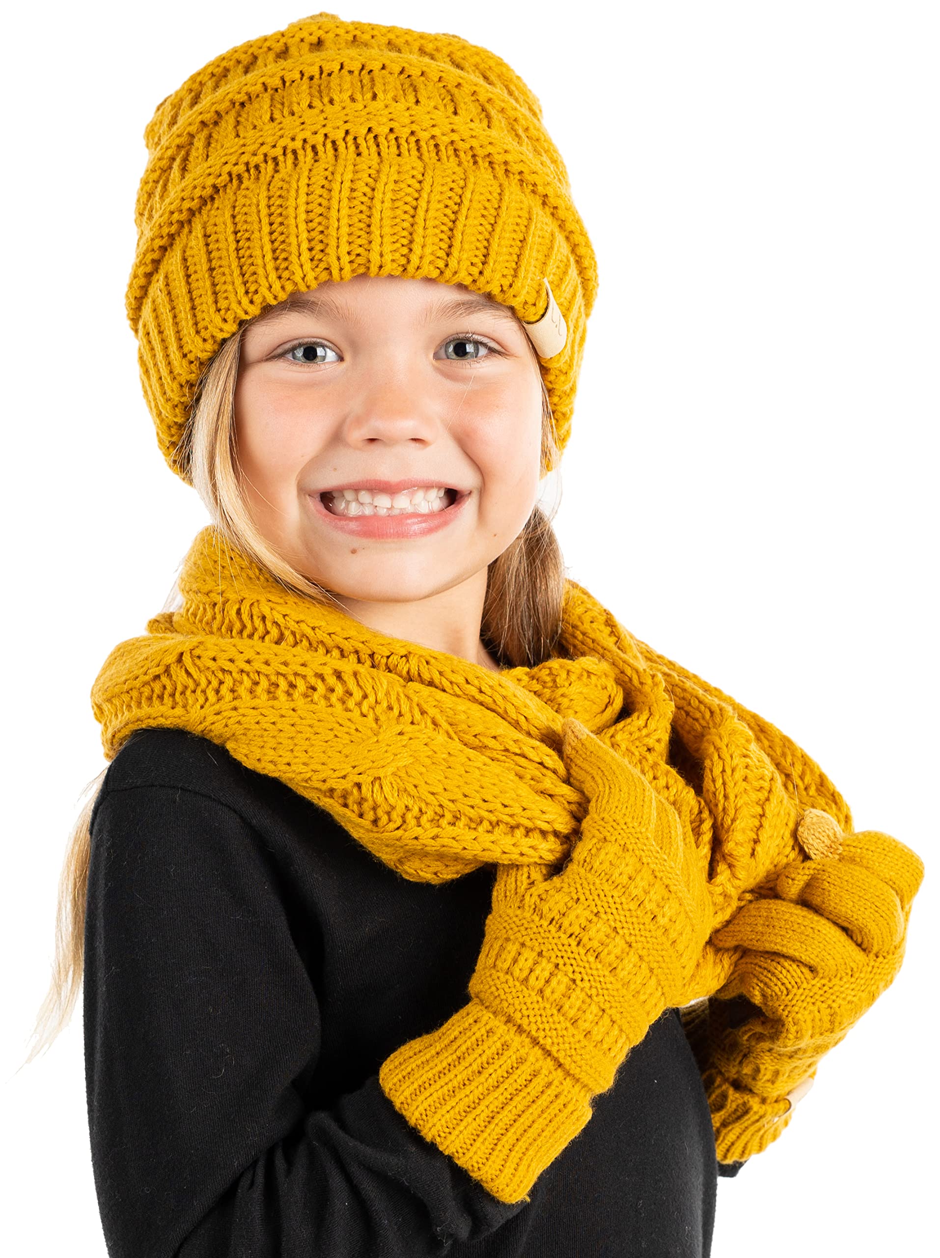 Kids Pack Matching Set: Beanie, Infinity Scarf Gloves Mustard