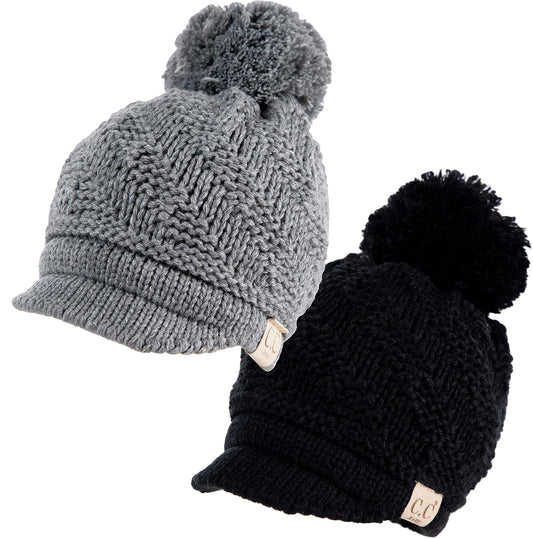 Funky Junque Baby/Infant Beanie: Pom Beanie with Brim - Black & Heather Grey (2 Pack)