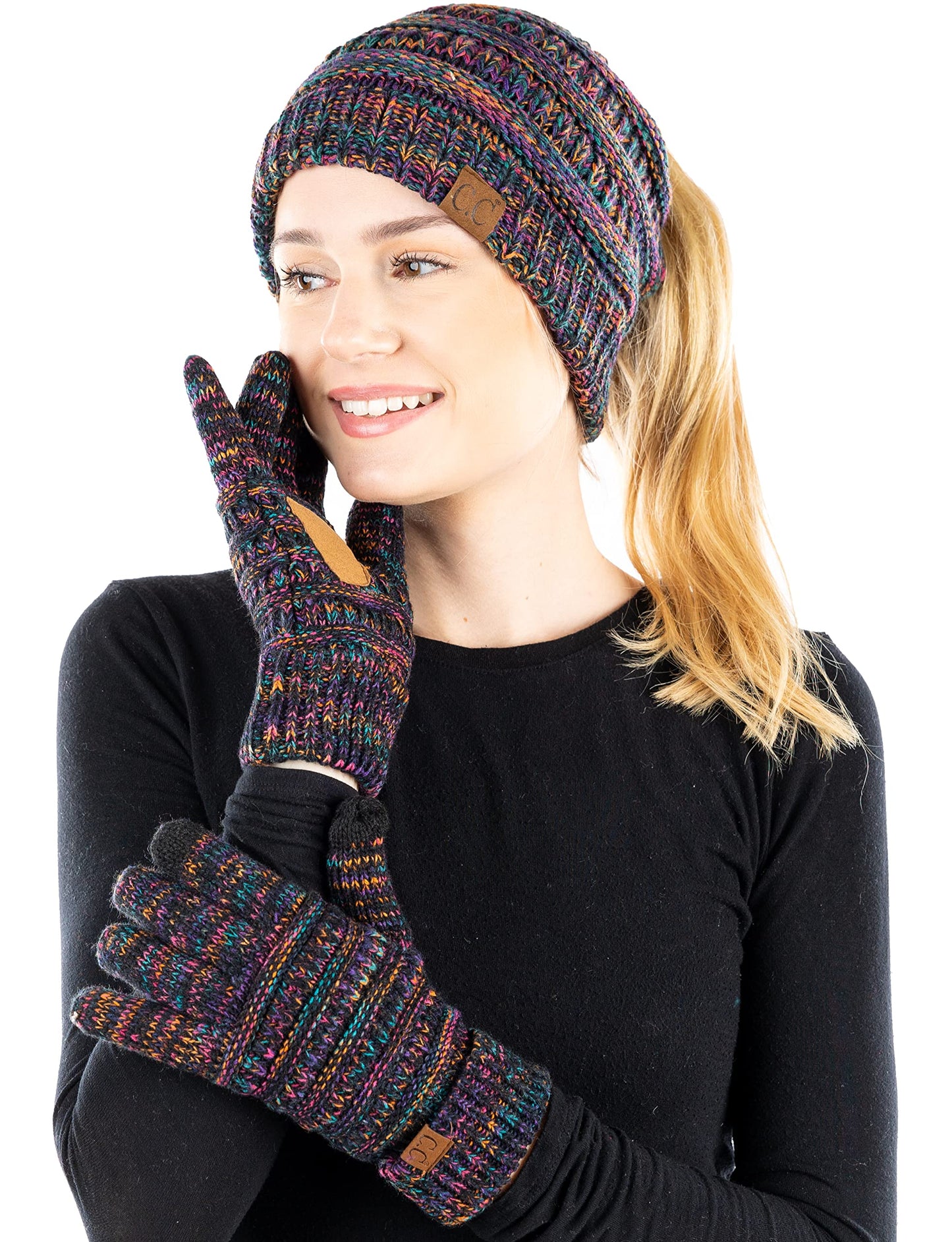 Ponytail Beanie & Gloves Matching Set by Funky Junque