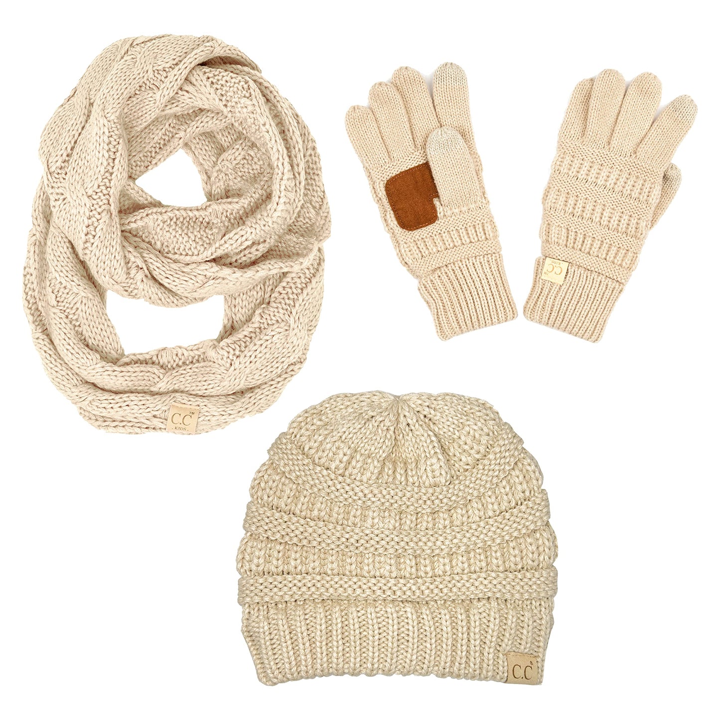 Kids 3 Pack Matching Set: Beanie, Infinity Scarf & Gloves - Beige