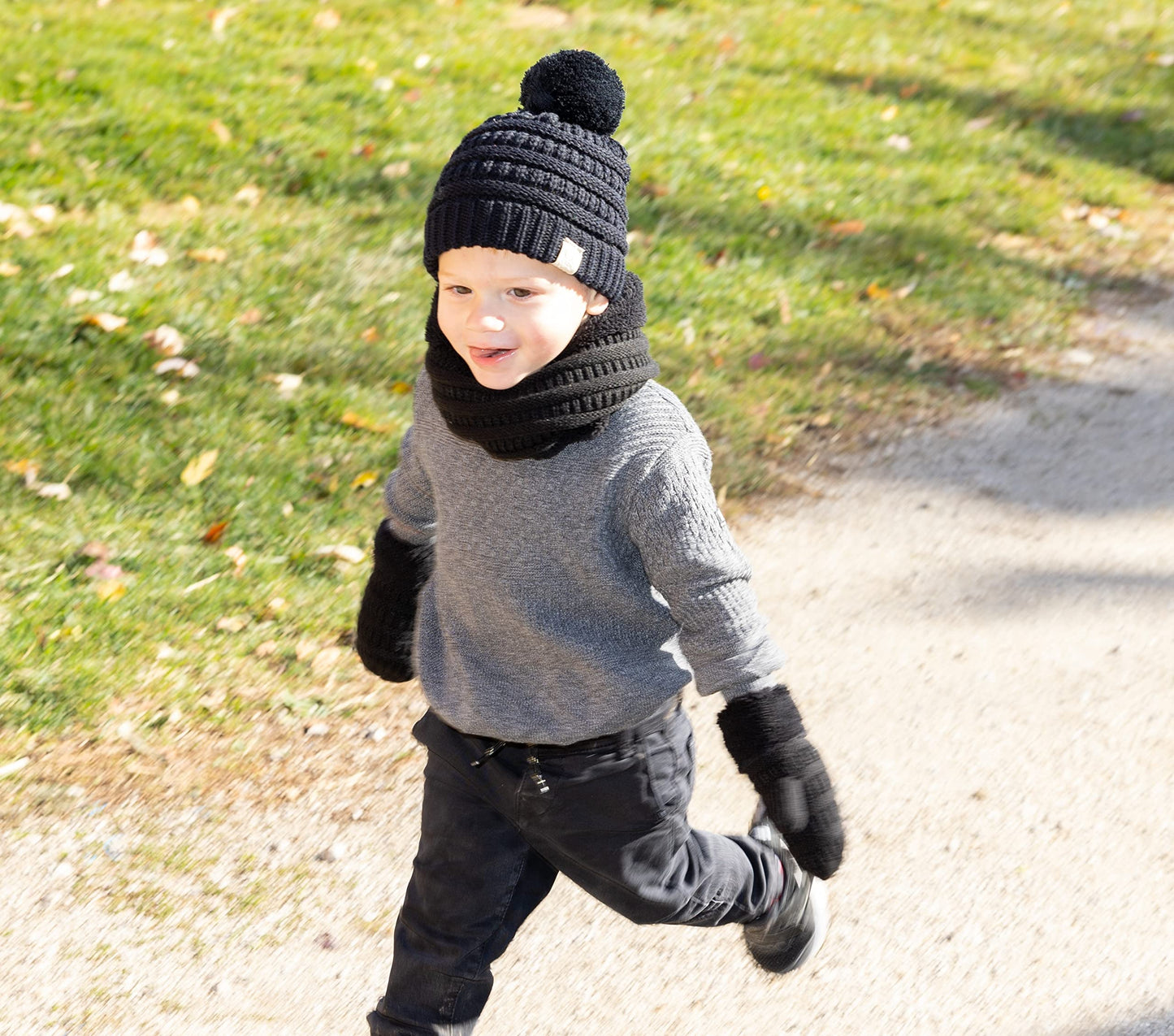 Kids Matching Pom Beanie, Neck Warmer & Mittens Set by Funky Junque