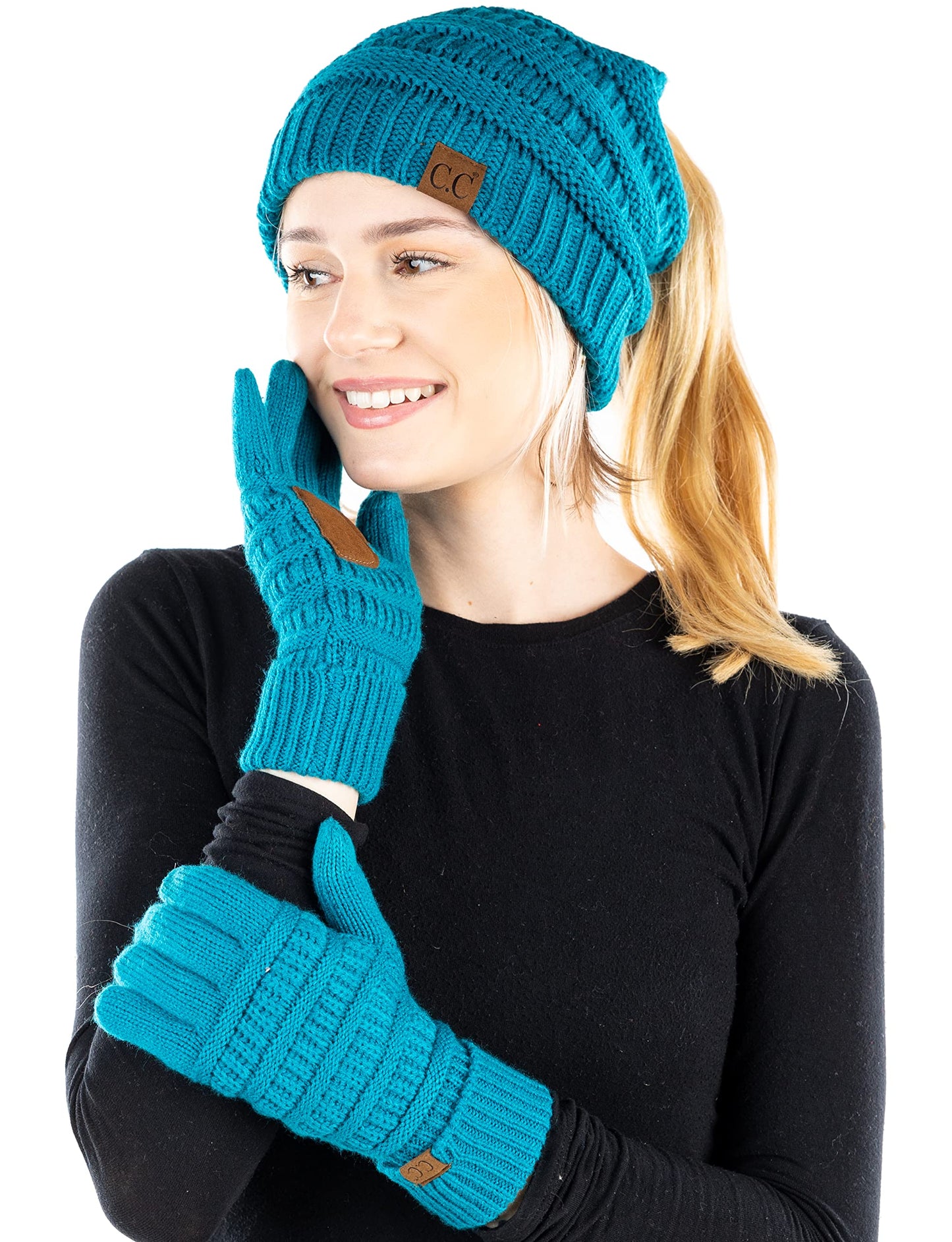 Ponytail Beanie & Gloves Matching Set by Funky Junque