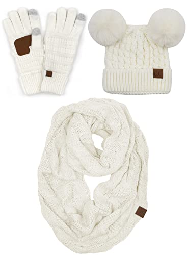 Double Pom Beanie, Infinity Scarf & Gloves Matching Set