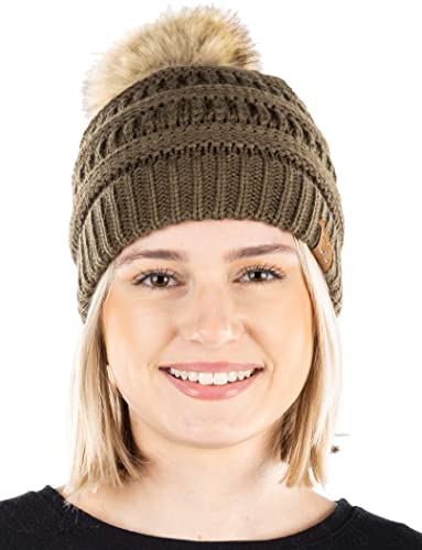 Ribbed Cable Knit Natural Faux Fur Pom Beanie