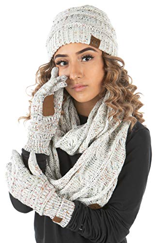 Solid Matching Infinity Scarf, Cable Knit Beanie & Gloves Set by Funky Junque