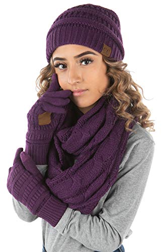 Solid Matching Infinity Scarf, Cable Knit Beanie & Gloves Set by Funky Junque