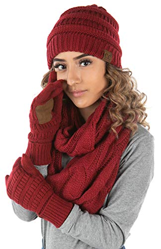 Solid Matching Infinity Scarf, Cable Knit Beanie & Gloves Set by Funky Junque