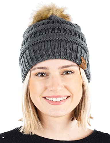 Ribbed Cable Knit Natural Faux Fur Pom Beanie