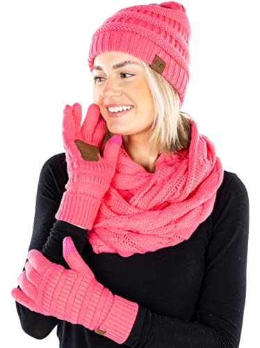 Solid Matching Infinity Scarf, Cable Knit Beanie & Gloves Set by Funky Junque