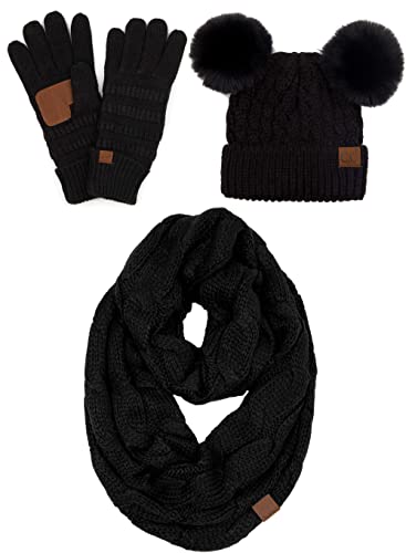 Double Pom Beanie, Infinity Scarf & Gloves Matching Set by Funky Junque