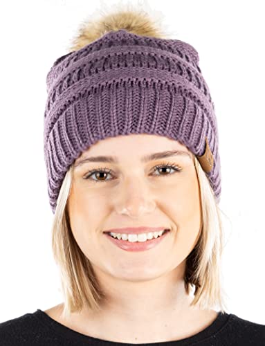 Ribbed Cable Knit Natural Faux Fur Pom Beanie