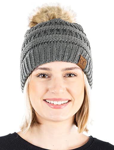 Ribbed Cable Knit Natural Faux Fur Pom Beanie