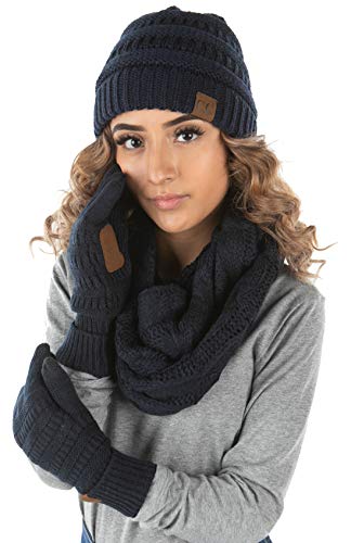 Solid Matching Infinity Scarf, Cable Knit Beanie & Gloves Set by Funky Junque