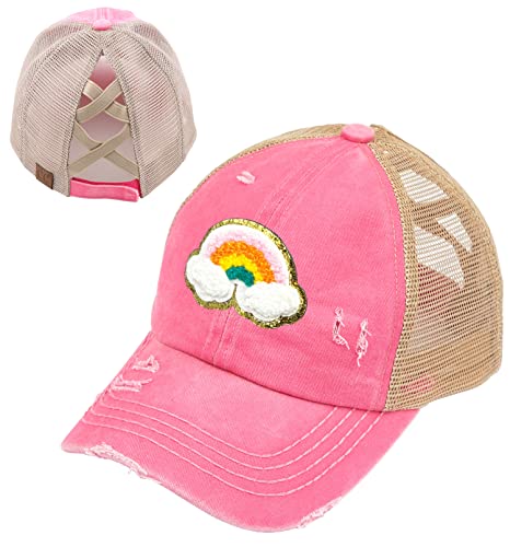 Rainbow Patch Criss Cross Ponytail Hat by Funky Junque