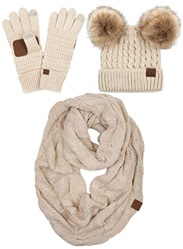Double Pom Beanie, Infinity Scarf & Gloves Matching Set by Funky Junque