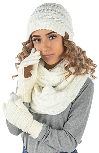 Solid Matching Infinity Scarf, Cable Knit Beanie & Gloves Set by Funky Junque